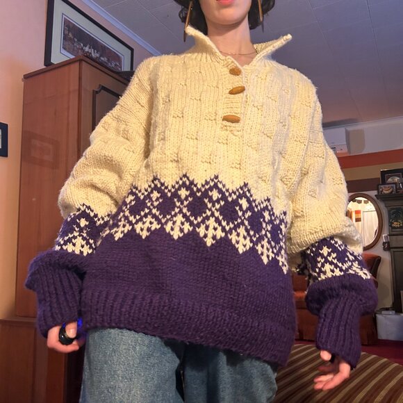 1980s Hand knit XXL knitted white and purple blue basket weave knitted polo swea - Picture 1 of 14